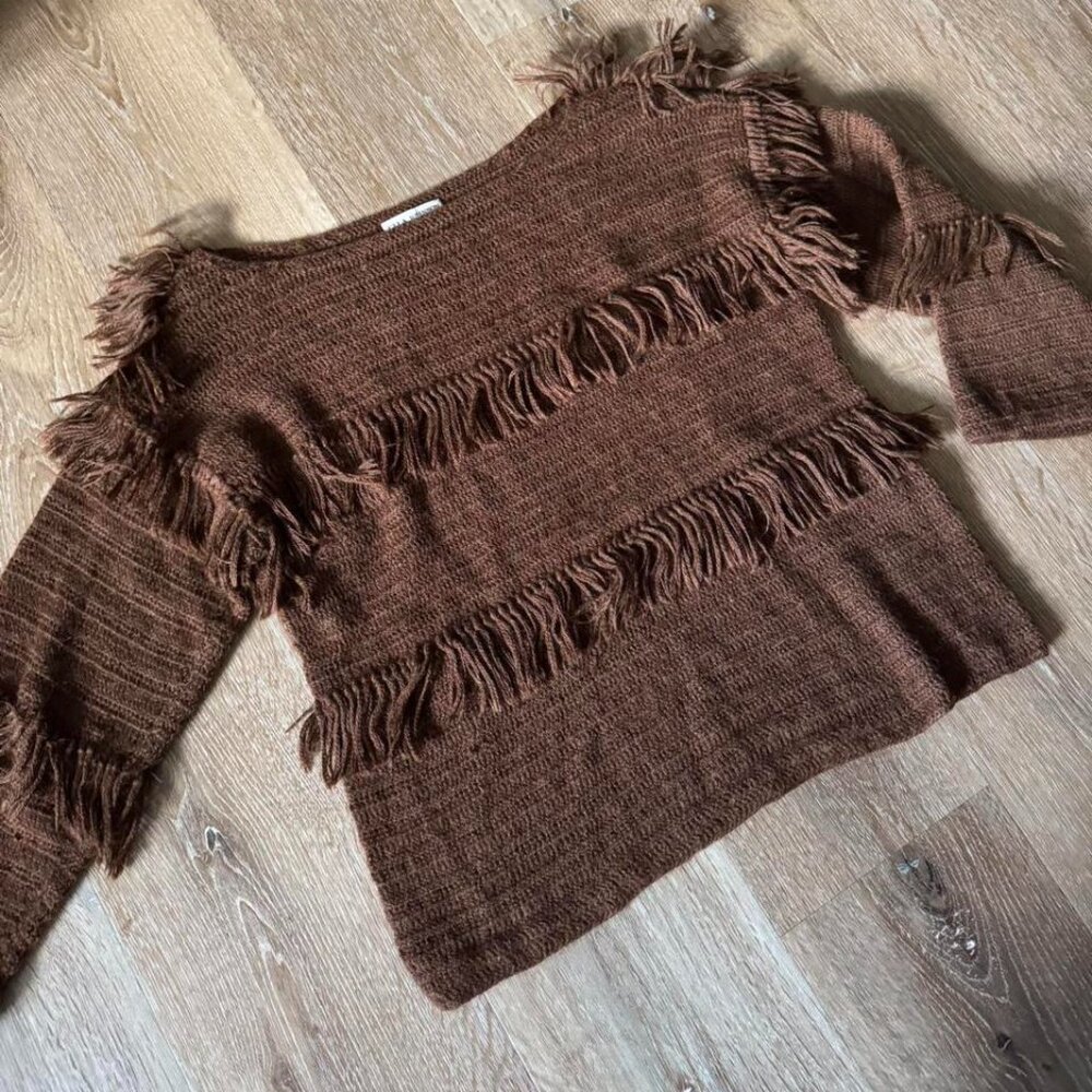 Ulla Johnson Brown 100% Baby Alpaca Fringe Sweater Size P
